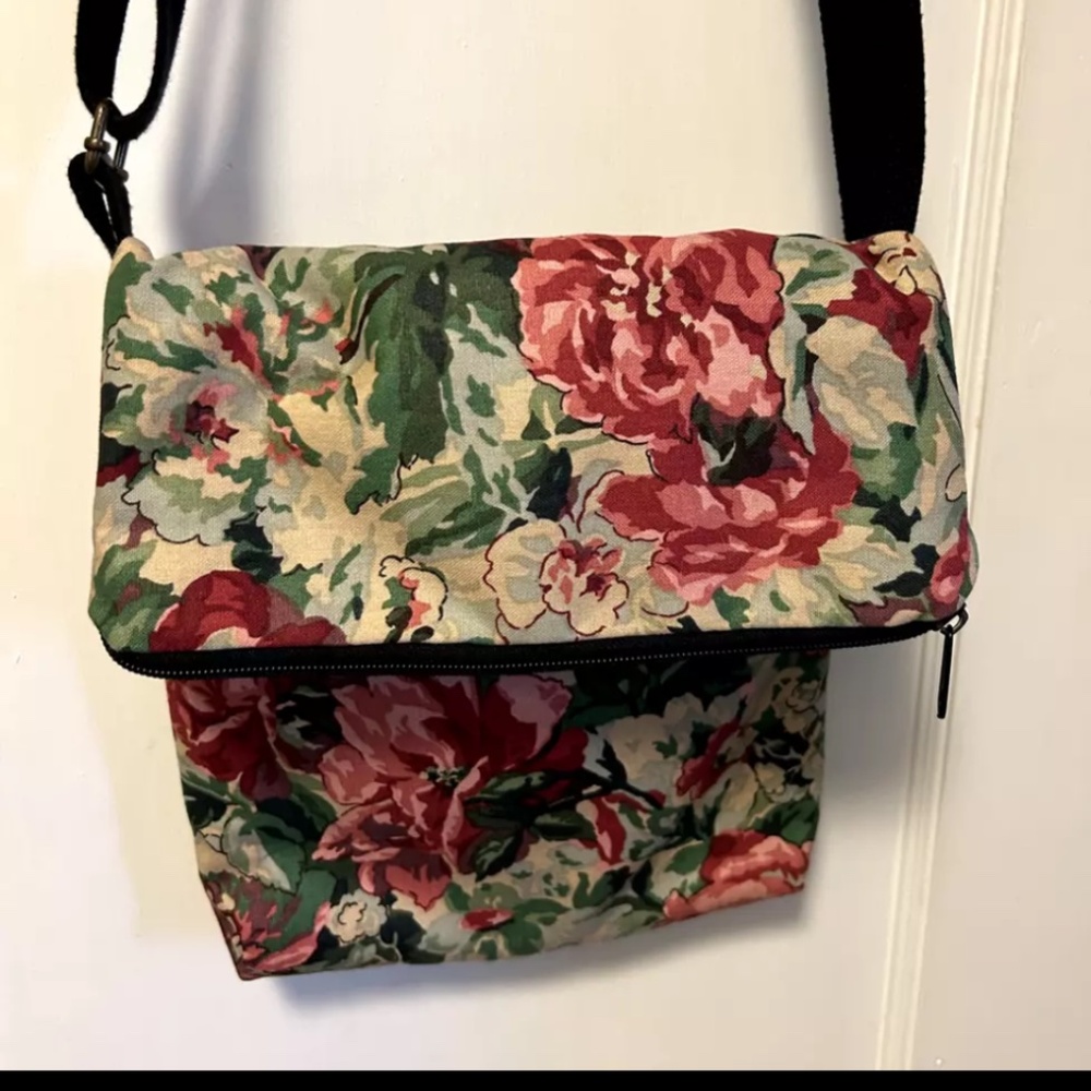 Handmade One-of-A-Kind floral fabric cross body adjustable wide strap bag